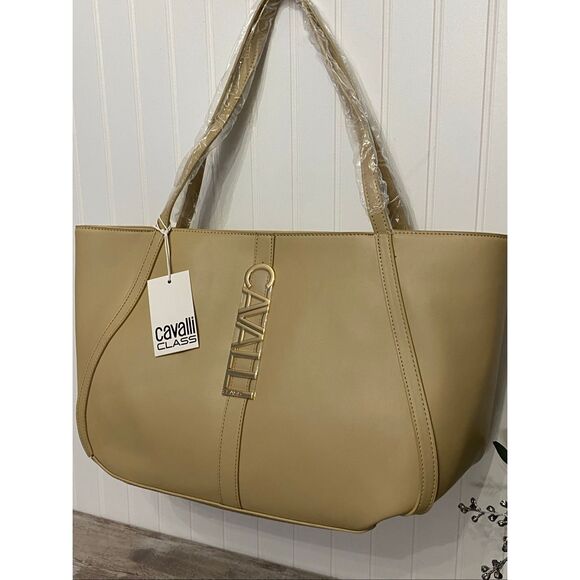 Cavalli Class Sandra Tan Almond Shopper Tote Bag Purse - Picture 2 of 9